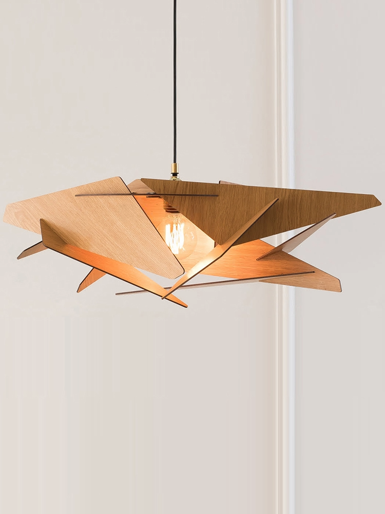 Natural wood Geometric Wood Lamp pendant light with Edison bulb, modern home decor.
